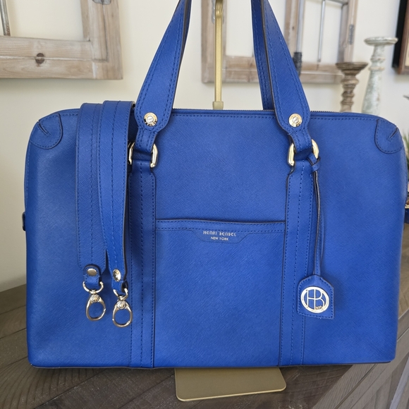 Henri Bendel West 57th Blue Leather Laptop Bag With Crossbody Strap & Lock - Picture 2 of 15
